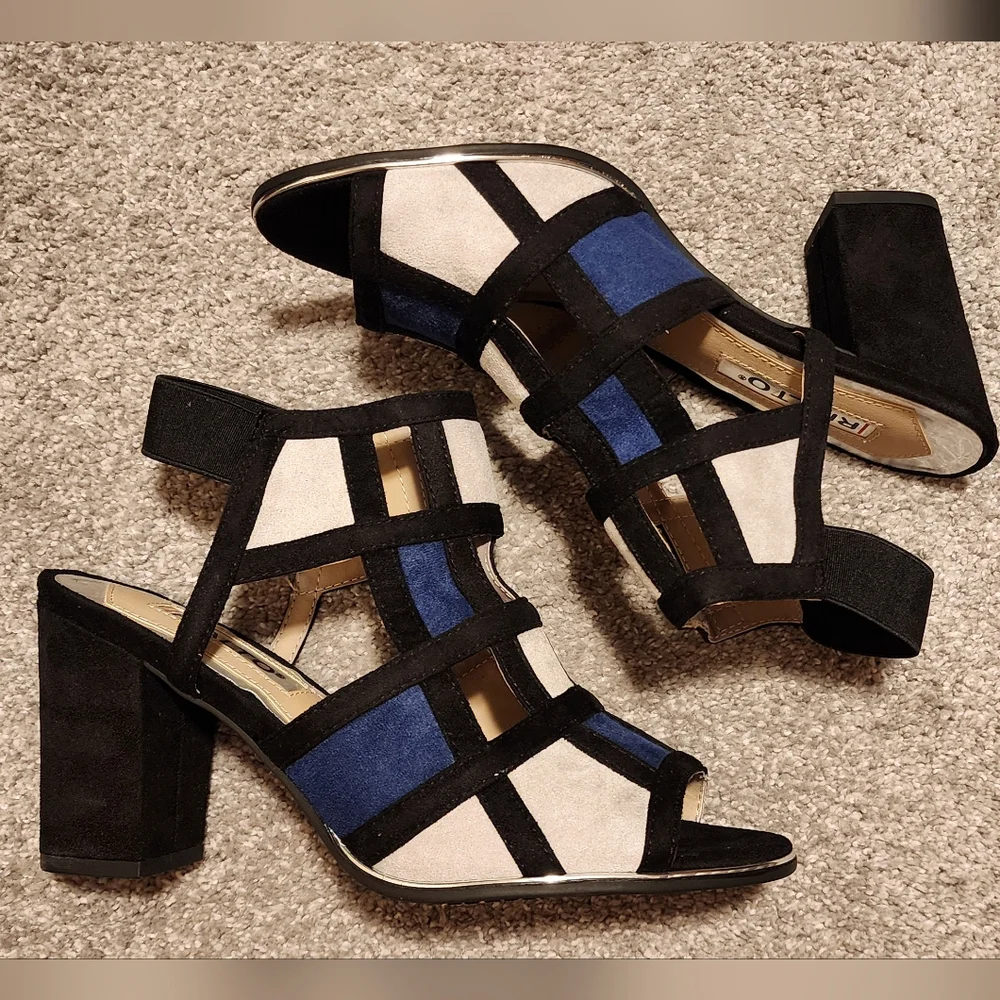Rialto "Welth" open toe heeled sandals, navy/tan multi-color sueded, sz: 8.5 NIB - Picture 4 of 11